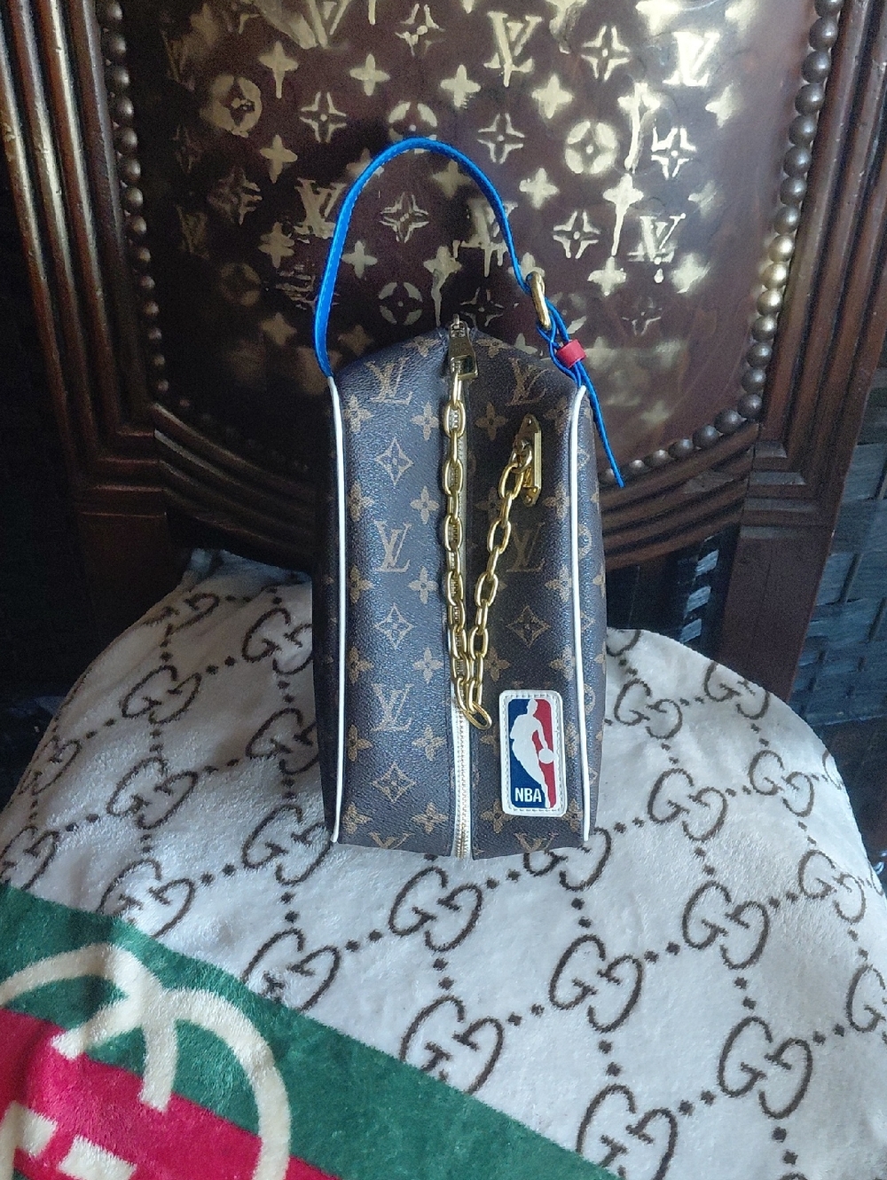 Louis Vuitton Monogram Top Handle Bag in Brown with Blue Handle